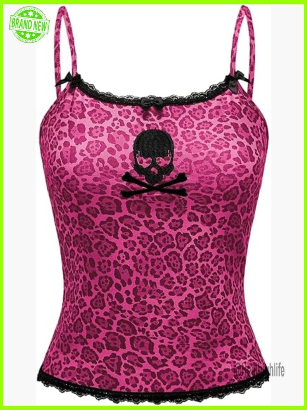 Leopard Cami Top Skull Print Lace Trim Y2K Spaghetti Strap Camisole Grunge